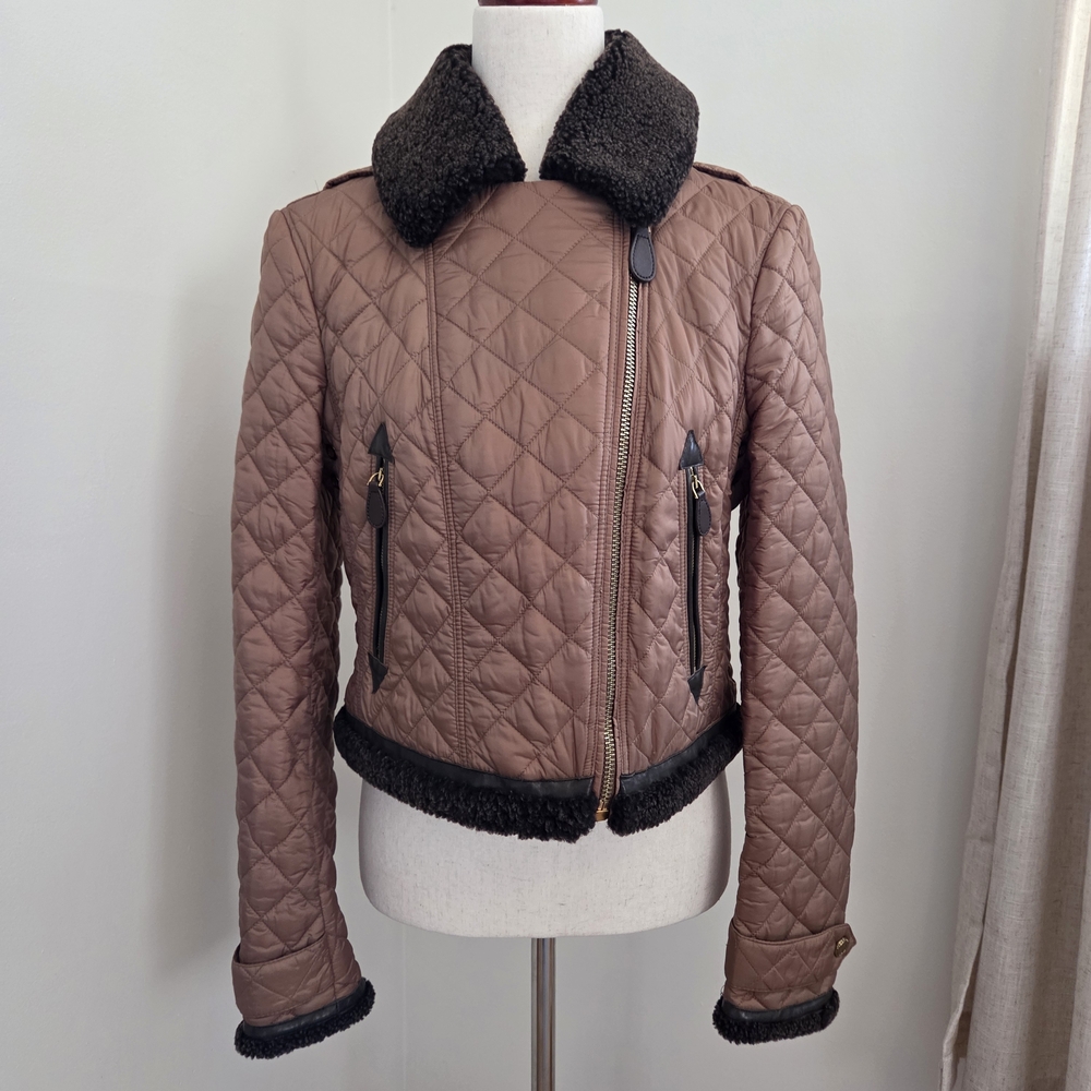 Burberry Brit Quilted Brown Jacket with Shearling Collar & Trim, Medium